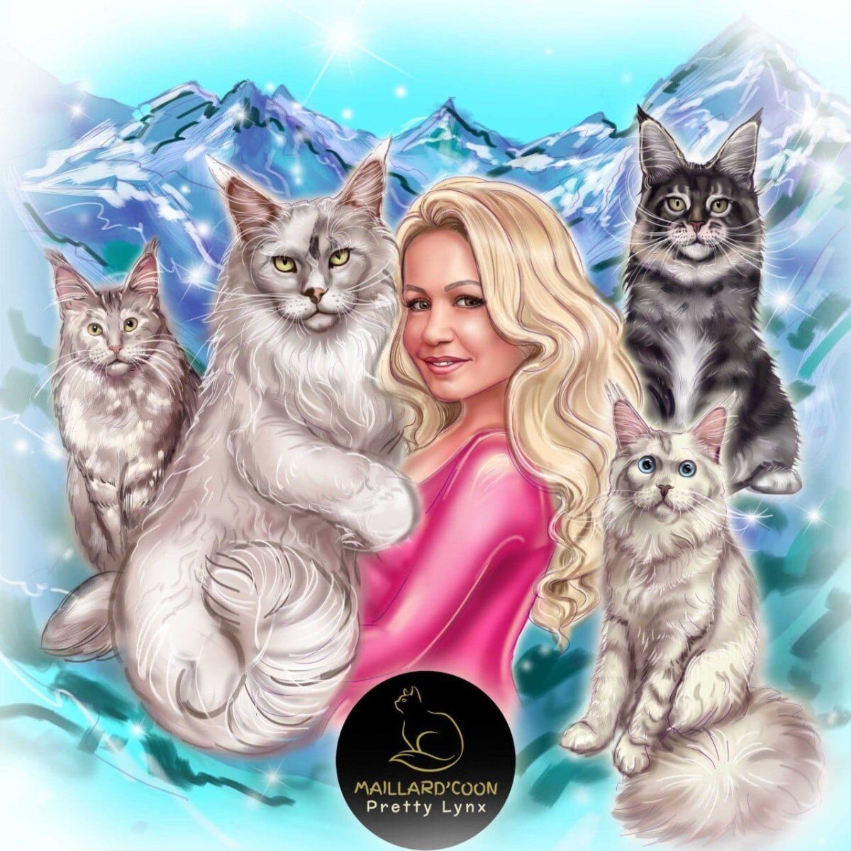 Larisa Ananyeva entourée de ses Maine Coon